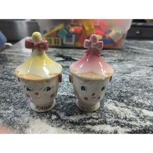 Vintage Commodore Japanese Mustard & Ketchup Pixie Jars Anthropomorphic Faces